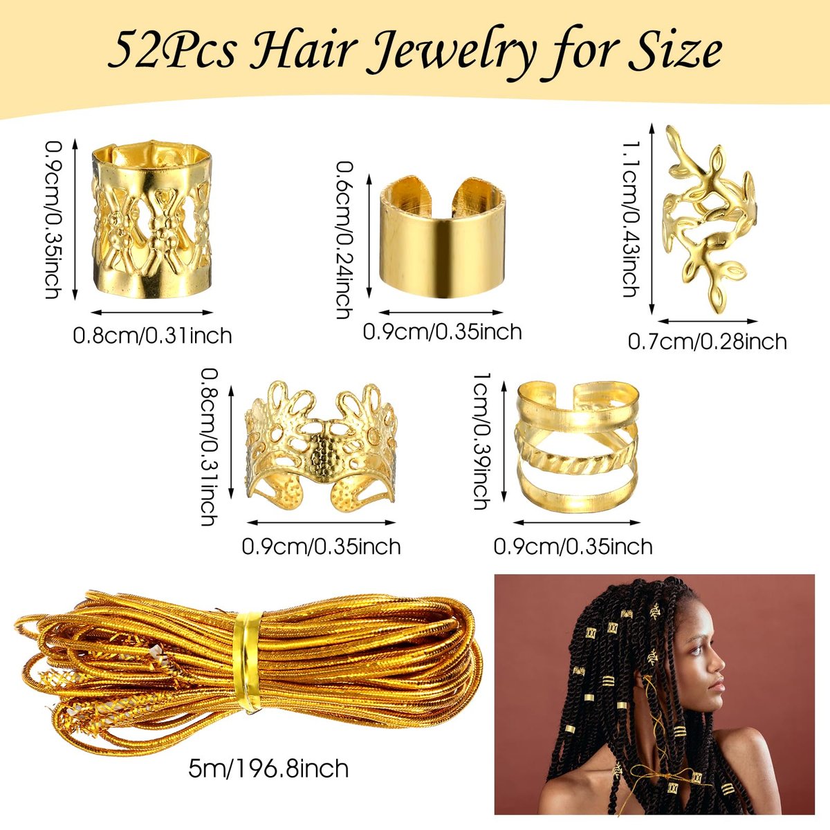 Tyqour 50Pcs Gold Hair Jewelry Set - Braids Accessories with 2 Strings, Adjustable Rings, Cuffs, Charms, Beads Decorations for Men & Women - görsel 8