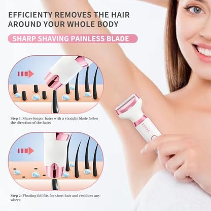 Ourcec Electric Razor Shavers for Women – 5 in 1 Wet/Dry Bikini Trimmer & Face Razor for Painless Hair Removal on Face, Nose, Eyebrows, Arms, Armpits, Legs, Pubic Area (Pink) Avelisse