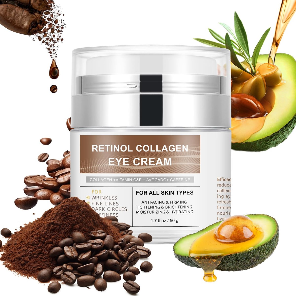 IREV Eye Cream with Retinol, Collagen, Avocado, Caffeine & Vitamin C – Anti-Aging & Hydrating Moisturizer for Dark Circles & Puffiness (1.7 Fl Oz) - görsel 1