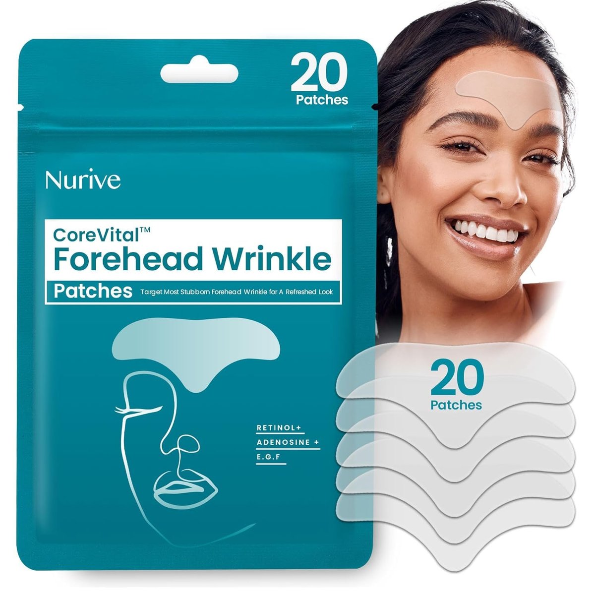 NURIVE Advanced Wrinkle Patches 20ct - Large (Forehead) | Invisible Overnight Wrinkle Tape with Retinol & Collagen for Smile Lines & Frown Lines Avelisse
