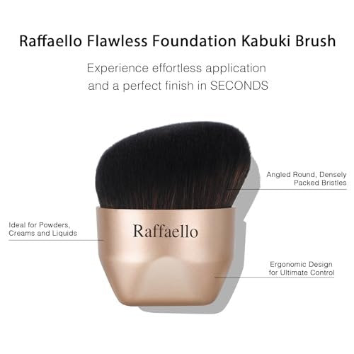 Raffaello Angled Kabuki Foundation Brush – Fast, Flawless Foundation with Dense Soft Bristles for Streak-Free Liquid, Cream & Powder – Ergonomic Handle for Effortless Blending & Buffing (Champagne Gold) - görsel 12