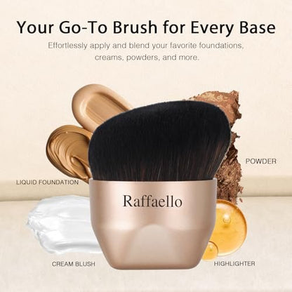 Raffaello Angled Kabuki Foundation Brush – Fast, Flawless Foundation with Dense Soft Bristles for Streak-Free Liquid, Cream & Powder – Ergonomic Handle for Effortless Blending & Buffing (Champagne Gold)