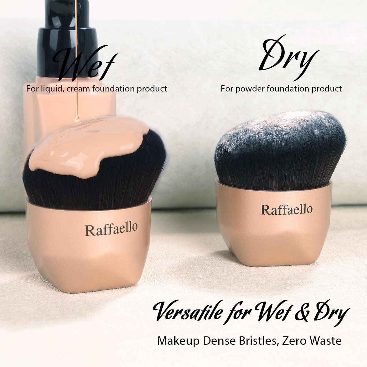 Raffaello Angled Kabuki Foundation Brush – Fast, Flawless Foundation with Dense Soft Bristles for Streak-Free Liquid, Cream & Powder – Ergonomic Handle for Effortless Blending & Buffing (Champagne Gold) - görsel 7