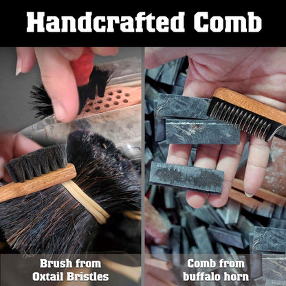 Vtuna 2-in-1 Beard Comb & Brush – Handcrafted Wood, Horn & Cow Tail Hair for Men – Gift Box Included