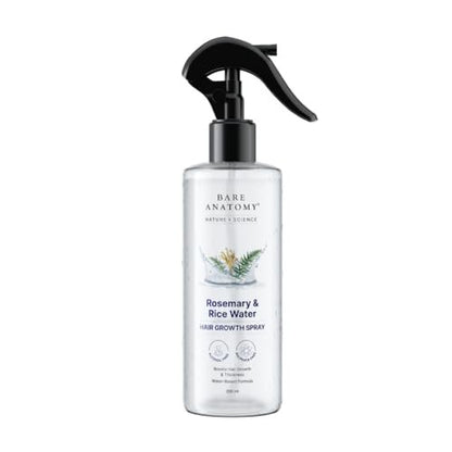 Bare Anatomy Nature x Science Rosemary Water Spray for Hair Growth & Hair Thickness with Rice Water | 100% Natural Extract | Soft & Smooth Hair | Controls Hairfall | Non-Greasy & Fast Absorbing | 200ml