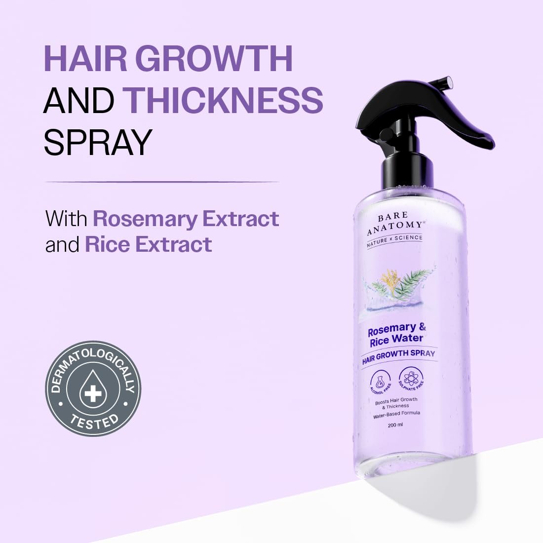 Bare Anatomy Nature x Science Rosemary Water Spray for Hair Growth & Hair Thickness with Rice Water | 100% Natural Extract | Soft & Smooth Hair | Controls Hairfall | Non-Greasy & Fast Absorbing | 200ml - görsel 3