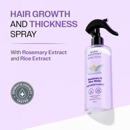 Bare Anatomy Nature x Science Rosemary Water Spray for Hair Growth & Hair Thickness with Rice Water | 100% Natural Extract | Soft & Smooth Hair | Controls Hairfall | Non-Greasy & Fast Absorbing | 200ml
