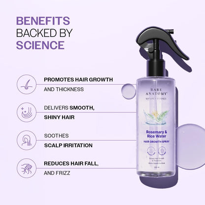 Bare Anatomy Nature x Science Rosemary Water Spray for Hair Growth & Hair Thickness with Rice Water | 100% Natural Extract | Soft & Smooth Hair | Controls Hairfall | Non-Greasy & Fast Absorbing | 200ml