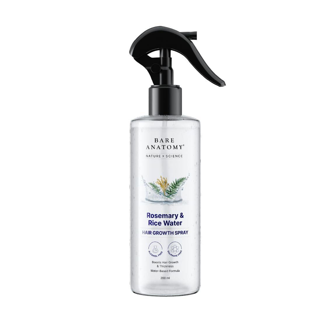 Bare Anatomy Nature x Science Rosemary Water Spray for Hair Growth & Hair Thickness with Rice Water | 100% Natural Extract | Soft & Smooth Hair | Controls Hairfall | Non-Greasy & Fast Absorbing | 200ml - görsel 1