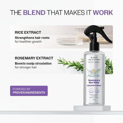 Bare Anatomy Nature x Science Rosemary Water Spray for Hair Growth & Hair Thickness with Rice Water | 100% Natural Extract | Soft & Smooth Hair | Controls Hairfall | Non-Greasy & Fast Absorbing | 200ml
