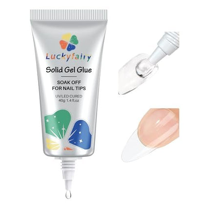 Luckyfairy 40ml Super Strong Nail Glue - Soft Solid Gel for Press Ons & Acrylics, Mess Free, Lamp Curing Needed, Durable & Long-Lasting