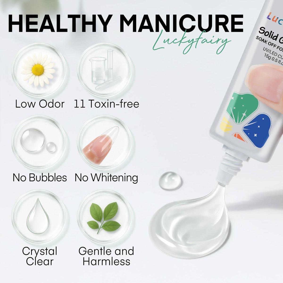 Luckyfairy Nail Glue Gel for Nail Tips - Super Strong Solid Gel UV Cured Needed, 15ml Soak Off Soft Adhesive Bonding for Acrylic Nails, Nail Extension Fake Nails - görsel 11
