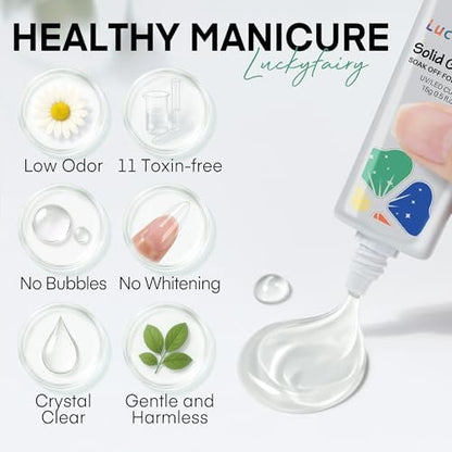 Luckyfairy Nail Glue Gel for Nail Tips - Super Strong Solid Gel UV Cured Needed, 15ml Soak Off Soft Adhesive Bonding for Acrylic Nails, Nail Extension Fake Nails