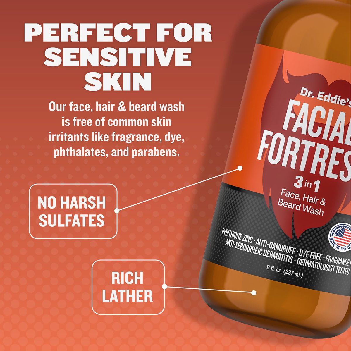 Facial Fortress Dr. Eddie's 3 In 1 Face, Hair, & Beard Wash - Beard Dandruff Shampoo For Men, Beard Cleanser, Face Wash, Beard Care, Face Soap With Pyrithione Zinc - 8 Fl Oz (Pack Of 1) Avelisse
