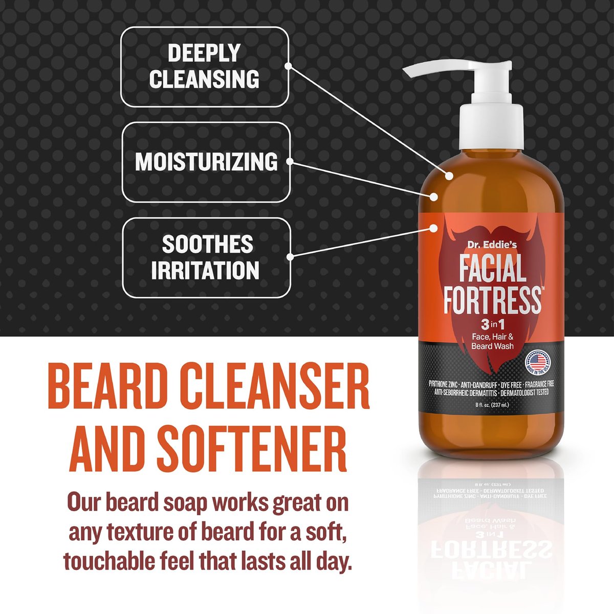 Facial Fortress Dr. Eddie's 3 In 1 Face, Hair, & Beard Wash - Beard Dandruff Shampoo For Men, Beard Cleanser, Face Wash, Beard Care, Face Soap With Pyrithione Zinc - 8 Fl Oz (Pack Of 1) Avelisse