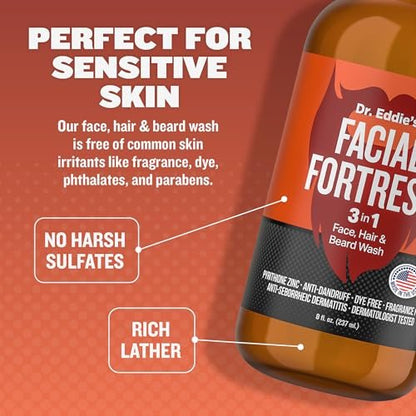 Facial Fortress Dr. Eddie's 3 In 1 Face, Hair, & Beard Wash - Beard Dandruff Shampoo For Men, Beard Cleanser, Face Wash, Beard Care, Face Soap With Pyrithione Zinc - 8 Fl Oz (Pack Of 1) Avelisse