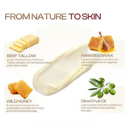SADOWAY Beef Tallow for Skin: Handmade Organic Grass-Fed Whipped Beef Tallow & Honey Balm Face Moisturizer for Dry Skin