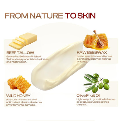 SADOWAY Beef Tallow for Skin: Handmade Organic Grass-Fed Whipped Beef Tallow & Honey Balm Face Moisturizer for Dry Skin