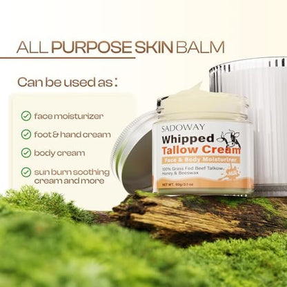 SADOWAY Beef Tallow for Skin: Handmade Organic Grass-Fed Whipped Beef Tallow & Honey Balm Face Moisturizer for Dry Skin