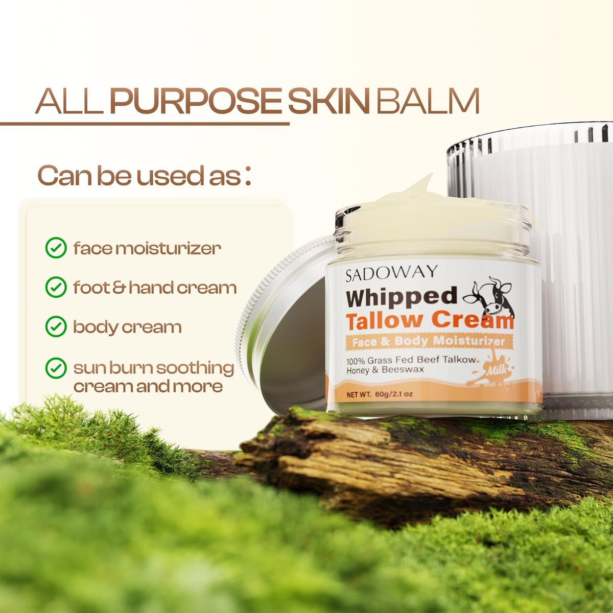 SADOWAY Beef Tallow for Skin: Handmade Organic Grass-Fed Whipped Beef Tallow & Honey Balm Face Moisturizer for Dry Skin - görsel 15