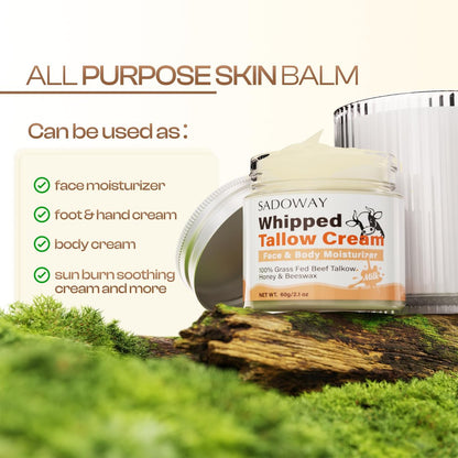 SADOWAY Beef Tallow for Skin: Handmade Organic Grass-Fed Whipped Beef Tallow & Honey Balm Face Moisturizer for Dry Skin