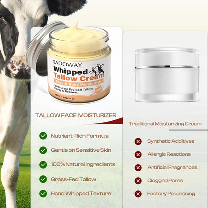 SADOWAY Beef Tallow for Skin: Handmade Organic Grass-Fed Whipped Beef Tallow & Honey Balm Face Moisturizer for Dry Skin
