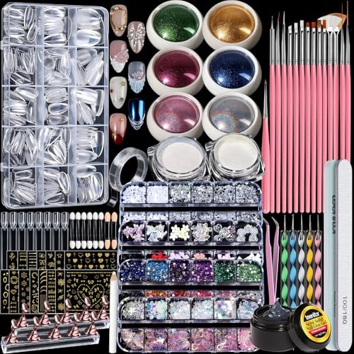 Teenitor Acrylic Nail Kit with Chrome Powder, Almond Tips, Art Brushes, Charms, 3D Gel, Tools, Stand - Complete Beginner Set - görsel 1