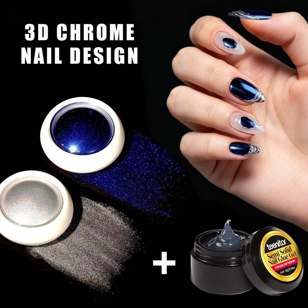 Teenitor Acrylic Nail Kit with Chrome Powder, Almond Tips, Art Brushes, Charms, 3D Gel, Tools, Stand - Complete Beginner Set - görsel 6