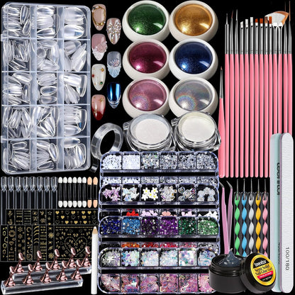 Teenitor Acrylic Nail Kit with Chrome Powder, Almond Tips, Art Brushes, Charms, 3D Gel, Tools, Stand - Complete Beginner Set