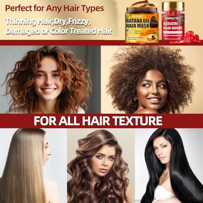 Batana Oil Hair Growth Serum & Keratin Treatment Mask - 40 Capsules Leave-in Anti-Frizz Conditioner for Damaged Hair