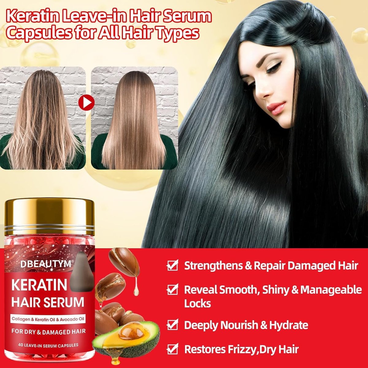 Batana Oil Hair Growth Serum & Keratin Treatment Mask - 40 Capsules Leave-in Anti-Frizz Conditioner for Damaged Hair - görsel 4