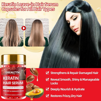 Batana Oil Hair Growth Serum & Keratin Treatment Mask - 40 Capsules Leave-in Anti-Frizz Conditioner for Damaged Hair