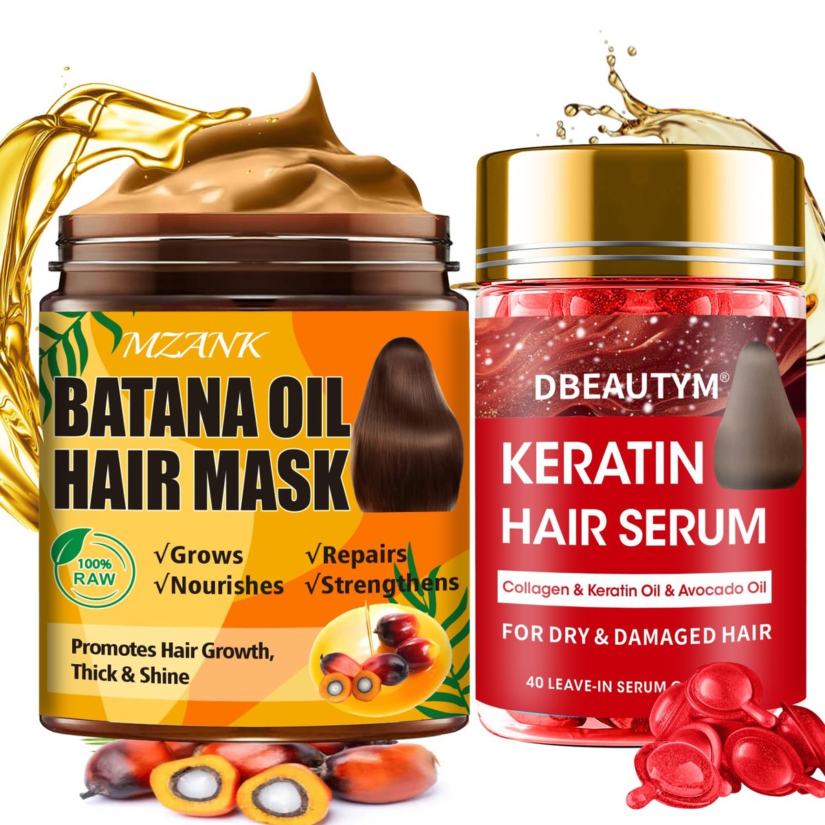 Batana Oil Hair Growth Serum & Keratin Treatment Mask - 40 Capsules Leave-in Anti-Frizz Conditioner for Damaged Hair - görsel 2