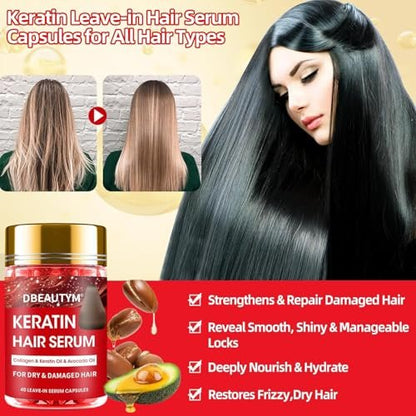 Batana Oil Hair Growth Serum & Keratin Treatment Mask - 40 Capsules Leave-in Anti-Frizz Conditioner for Damaged Hair