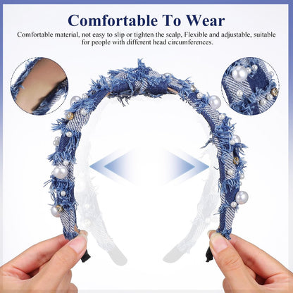 PACKOVE Knotted Denim Headband with Pearl Embellishment - Fashion Hair Accessory for Women