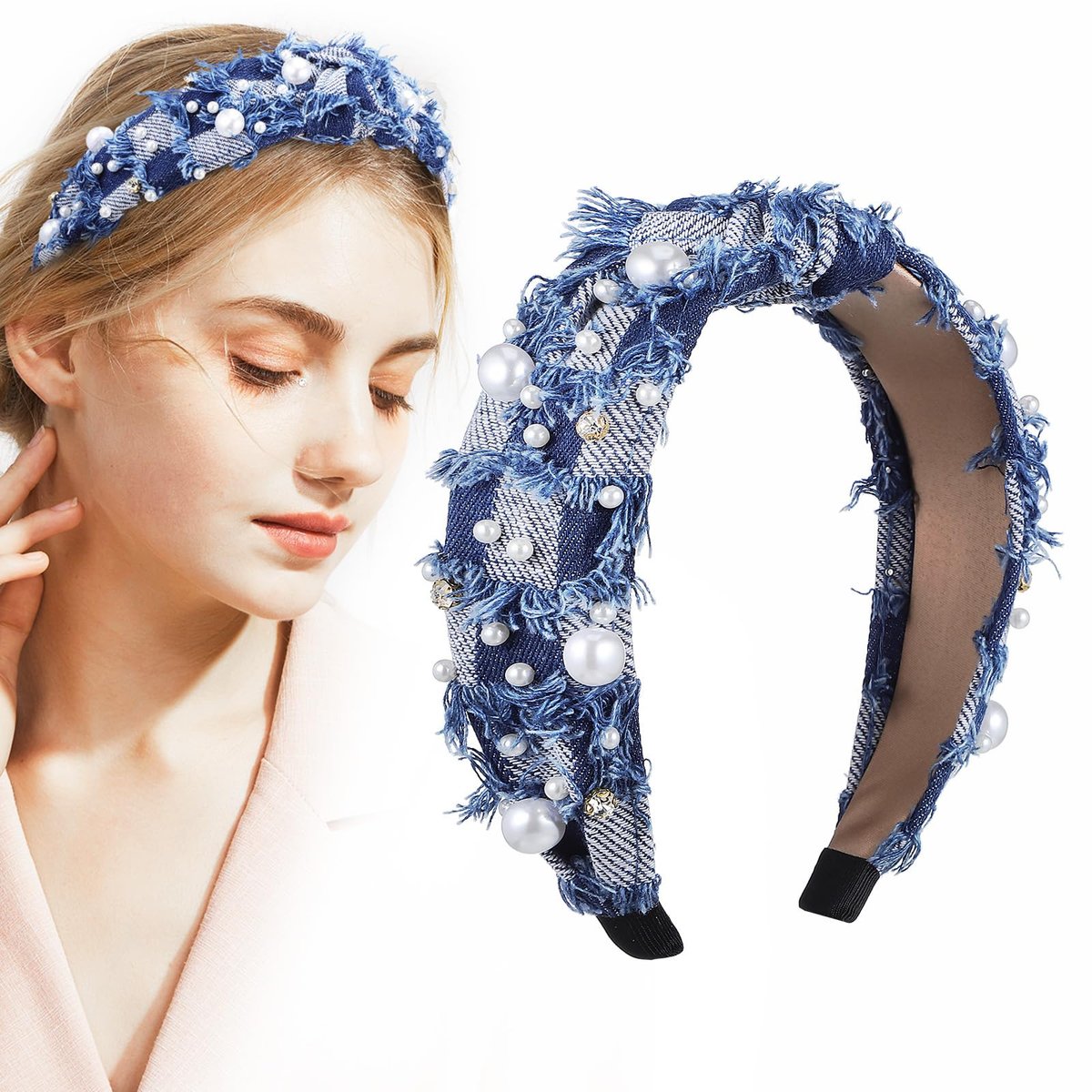 PACKOVE Knotted Denim Headband with Pearl Embellishment - Fashion Hair Accessory for Women - görsel 1