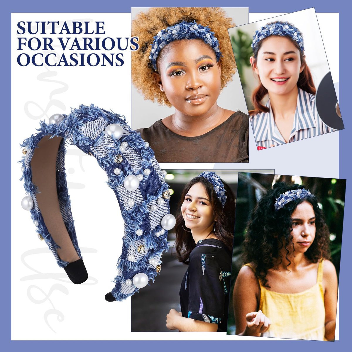 PACKOVE Knotted Denim Headband with Pearl Embellishment - Fashion Hair Accessory for Women - görsel 7