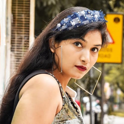 PACKOVE Knotted Denim Headband with Pearl Embellishment - Fashion Hair Accessory for Women