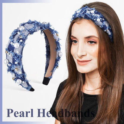 PACKOVE Knotted Denim Headband with Pearl Embellishment - Fashion Hair Accessory for Women