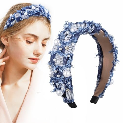 PACKOVE Knotted Denim Headband with Pearl Embellishment - Fashion Hair Accessory for Women - görsel 2