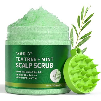 VOERUY Scalp Scrub with Tea Tree & Mint Oil – 2-in-1 Exfoliating Scalp Treatment for Clarifying & Removing Build-up, Includes Silicone Scalp Massager, 10.6 oz (300g)