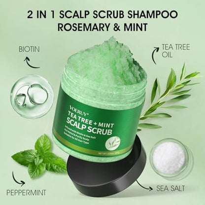 VOERUY Scalp Scrub with Tea Tree & Mint Oil – 2-in-1 Exfoliating Scalp Treatment for Clarifying & Removing Build-up, Includes Silicone Scalp Massager, 10.6 oz (300g)