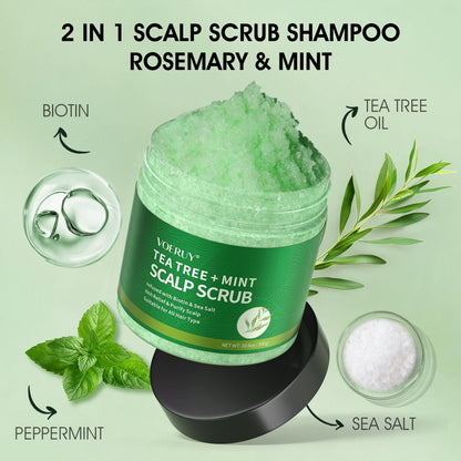 VOERUY Scalp Scrub with Tea Tree & Mint Oil – 2-in-1 Exfoliating Scalp Treatment for Clarifying & Removing Build-up, Includes Silicone Scalp Massager, 10.6 oz (300g)