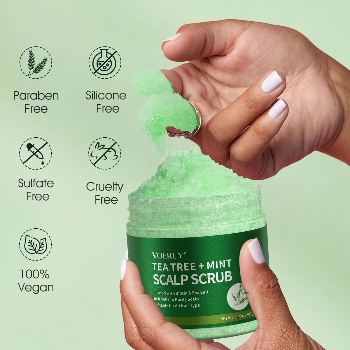VOERUY Scalp Scrub with Tea Tree & Mint Oil – 2-in-1 Exfoliating Scalp Treatment for Clarifying & Removing Build-up, Includes Silicone Scalp Massager, 10.6 oz (300g) - görsel 9