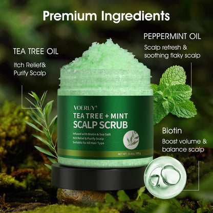 VOERUY Scalp Scrub with Tea Tree & Mint Oil – 2-in-1 Exfoliating Scalp Treatment for Clarifying & Removing Build-up, Includes Silicone Scalp Massager, 10.6 oz (300g)