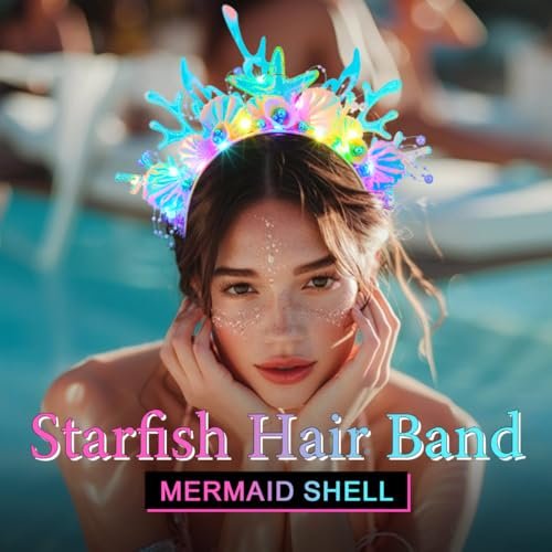 JEAIRTS Light Up Shell Headband – Glowing Starfish & Pearl Mermaid Costume Hair Accessory for Women Avelisse