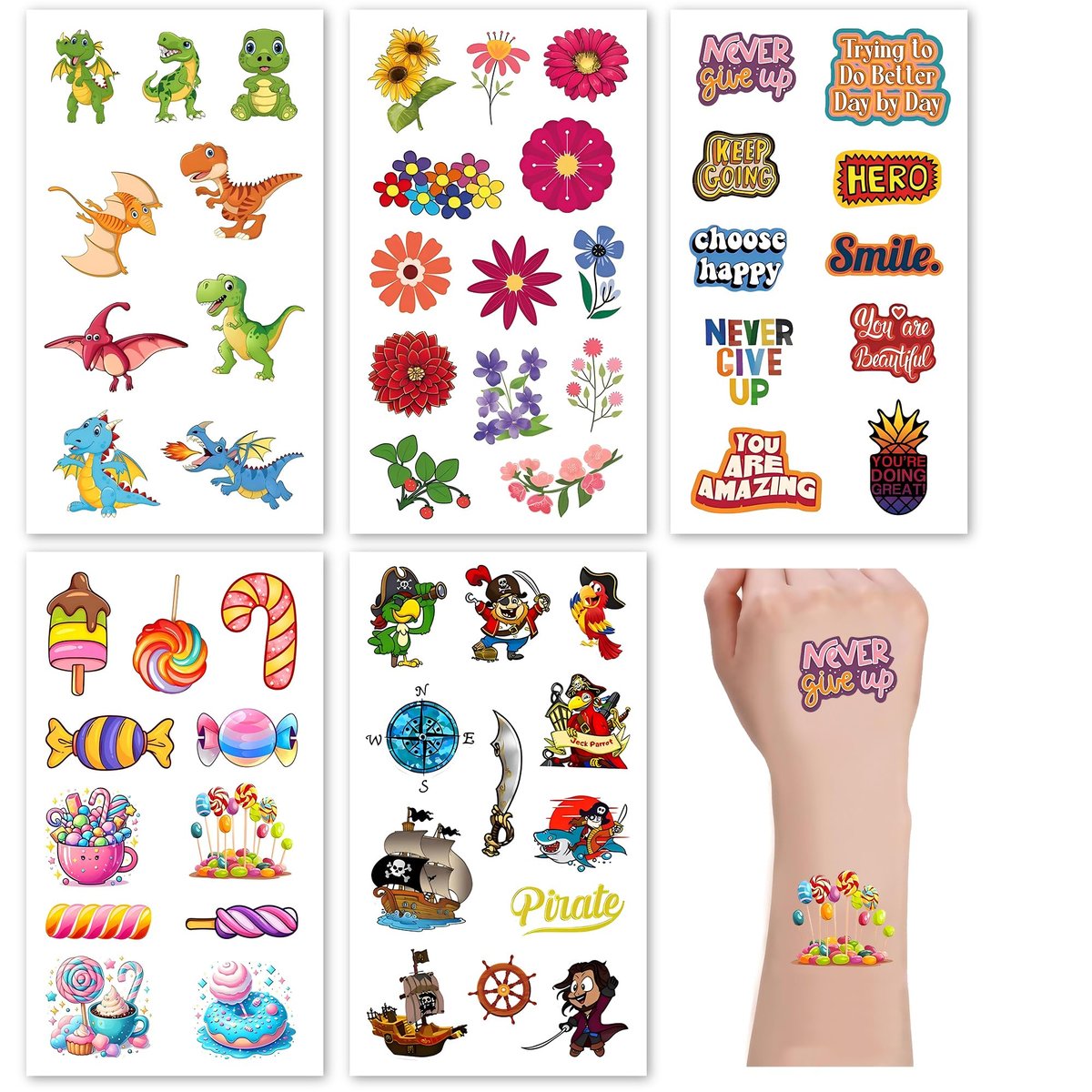 Sun Awesome 20 Sheets Cute Temporary Tattoos for Kids - Fun Pattern Stickers for Children, Toddlers, Boys & Girls - görsel 5