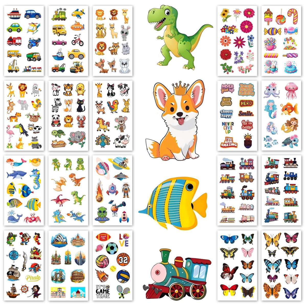Sun Awesome 20 Sheets Cute Temporary Tattoos for Kids - Fun Pattern Stickers for Children, Toddlers, Boys & Girls - görsel 1