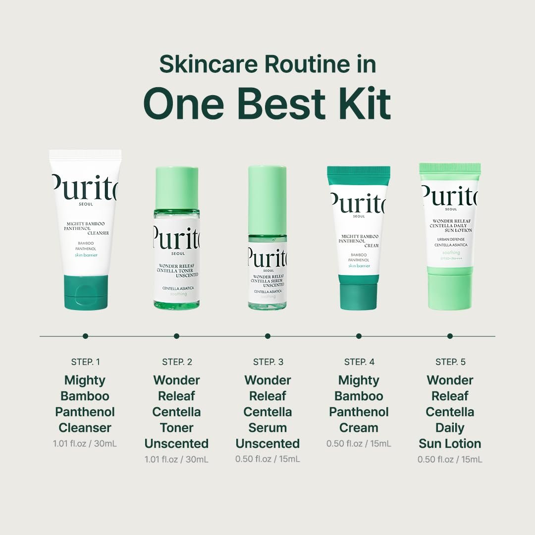 PURITO SEOUL Best Kit - K-Beauty Skincare Routine with Panthenol Cleanser & Cream, Unscented Centella Serum & Toner, Gift Set for All Skin Types, 3.52 fl. oz. Avelisse