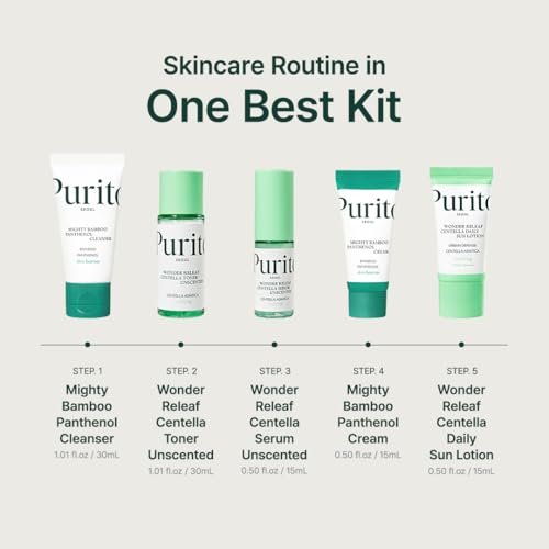 PURITO SEOUL Best Kit - K-Beauty Skincare Routine with Panthenol Cleanser & Cream, Unscented Centella Serum & Toner, Gift Set for All Skin Types, 3.52 fl. oz. Avelisse